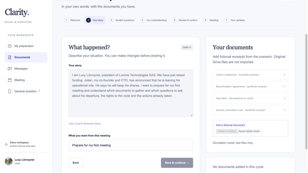 Client story screen with a narrative and supporting documents