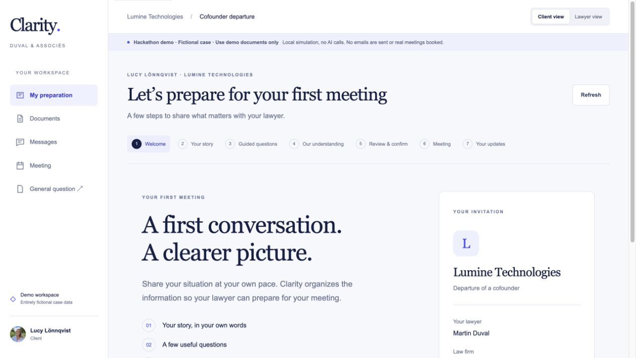 Clarity client workspace: Lucy's invitation to prepare her first meeting