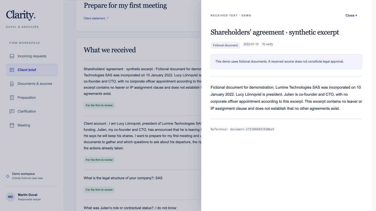 Clarity source drawer showing an original document alongside the client's structured understanding